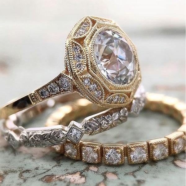 Luxury 3pcs Female Bridal Engagement Ring Set Vintage Gold Wedding Band Rings For Women
