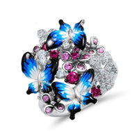 Luxury Female Big Blue Enamel Butterfly Ring Vintage Silver Wedding Rings Promise Engagement Rings For Women