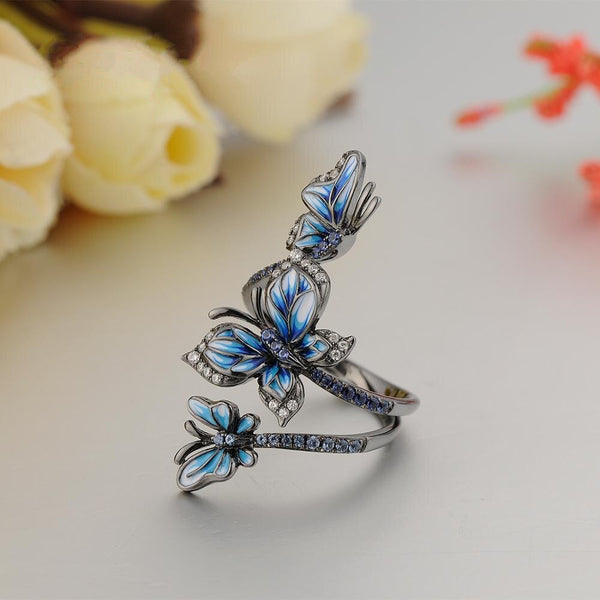Cute Female Big Blue Enamel Butterfly Ring